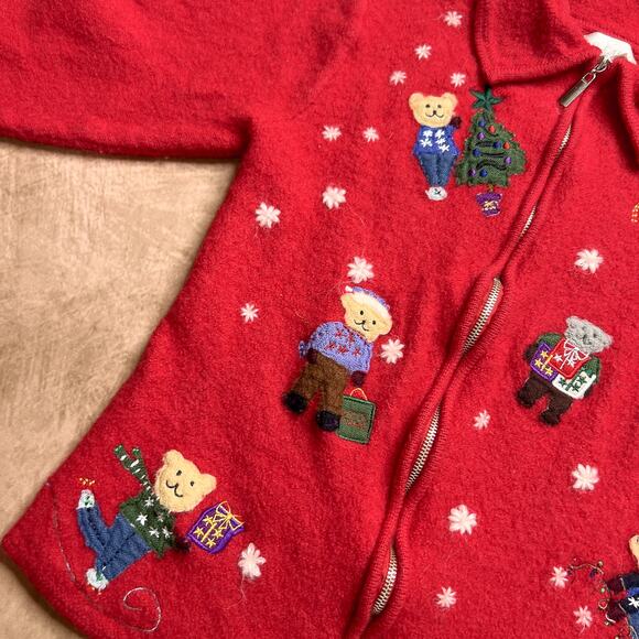 Vintage 90s Studio Works Holiday Teddy Bear Zip Up Wool Jacket Embroidered Xmas - Picture 3 of 7